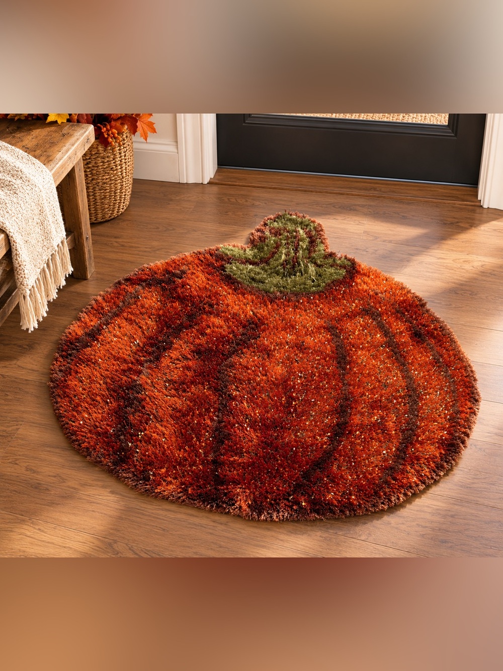 Pier 1 Imports 31" x 36” Plush Tinsel Pumpkin Shag Rug Fabulous Fall Decor VGUC